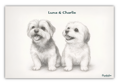 Memorial-style pencil sketch of two pets – hand-drawn black and white portrait from photo