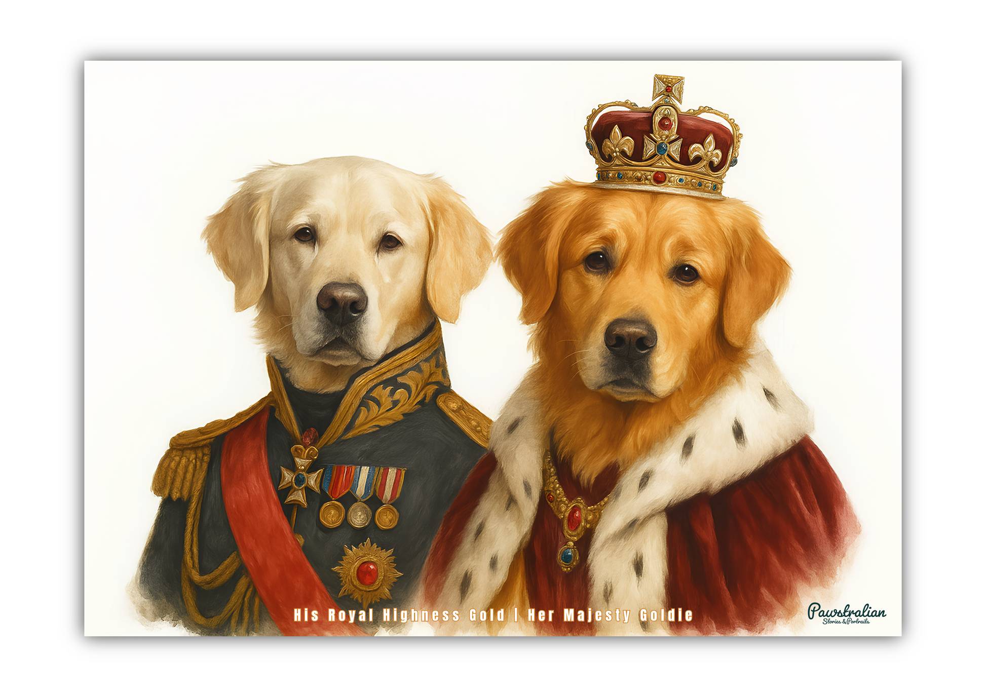 Royal pet portrait of two pets in regal costume – funny, noble artwork made from photos